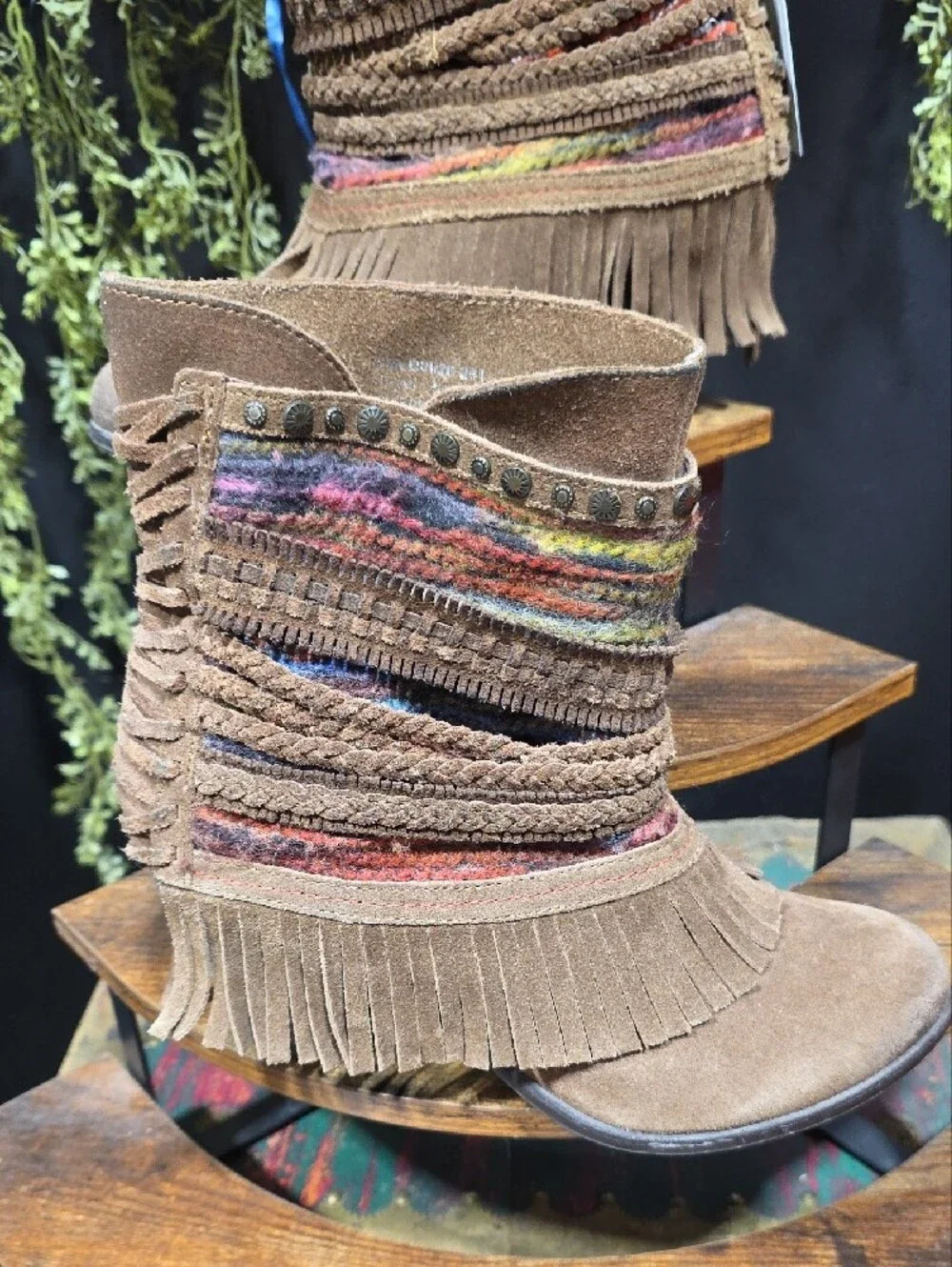 Naughty Monkey Brown Suede Fringe Ankle Boots with Multicolor Yarn Trim